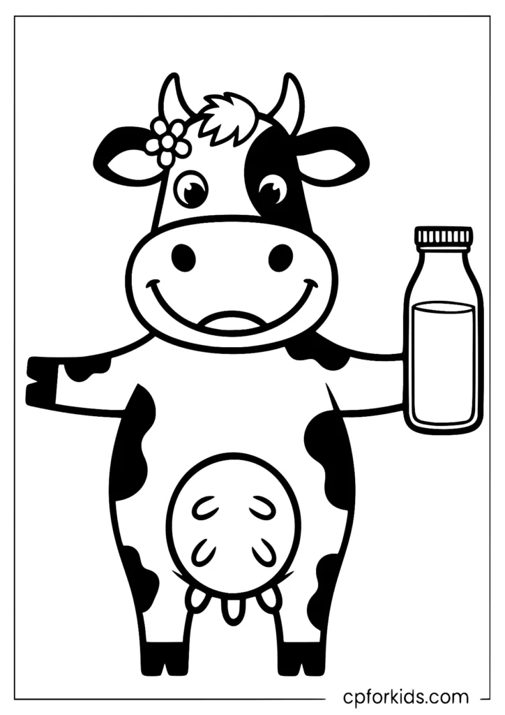 Coloring drawing of a cow with big tits and a milk bottle in his hand with daisy details for children.