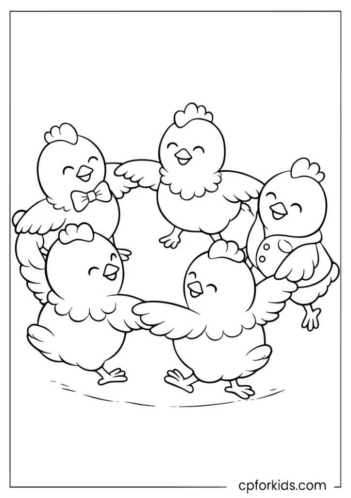 Cute chickens dancing in a circle coloring page