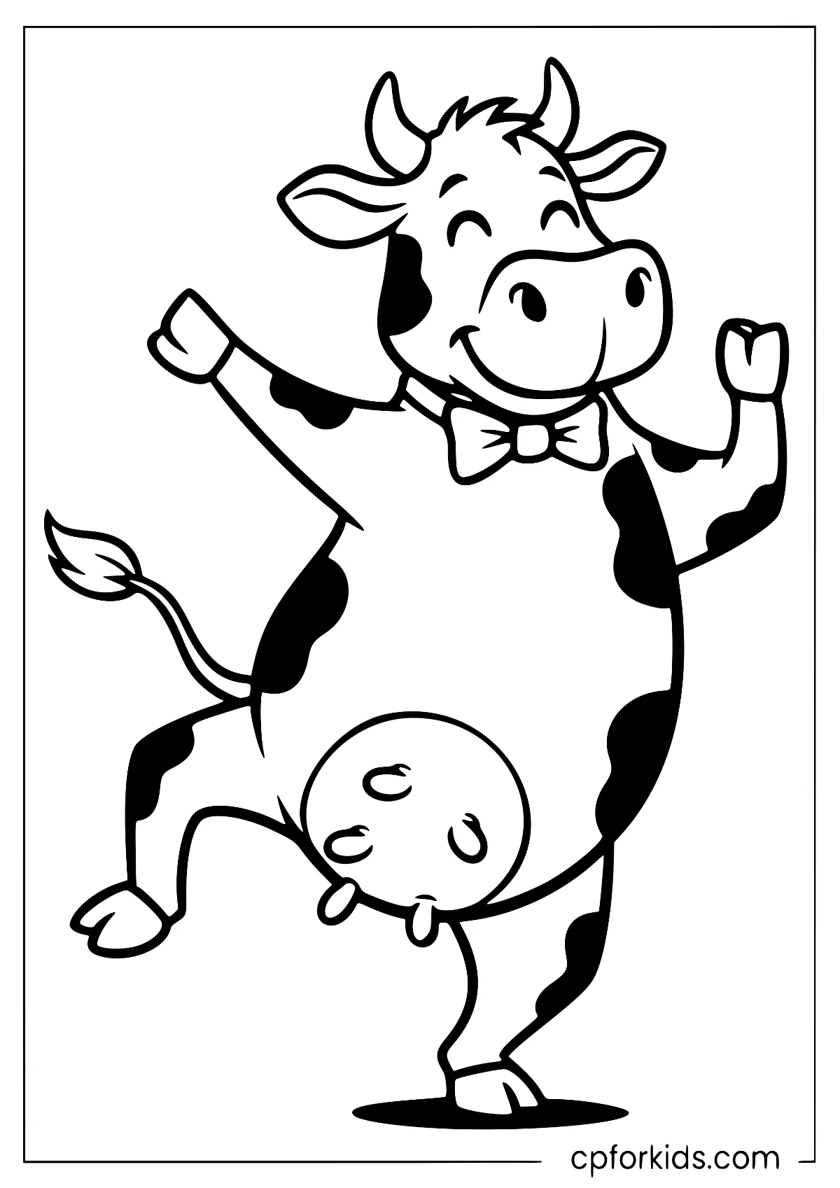 Cow dancing energetically with arms and legs in motion