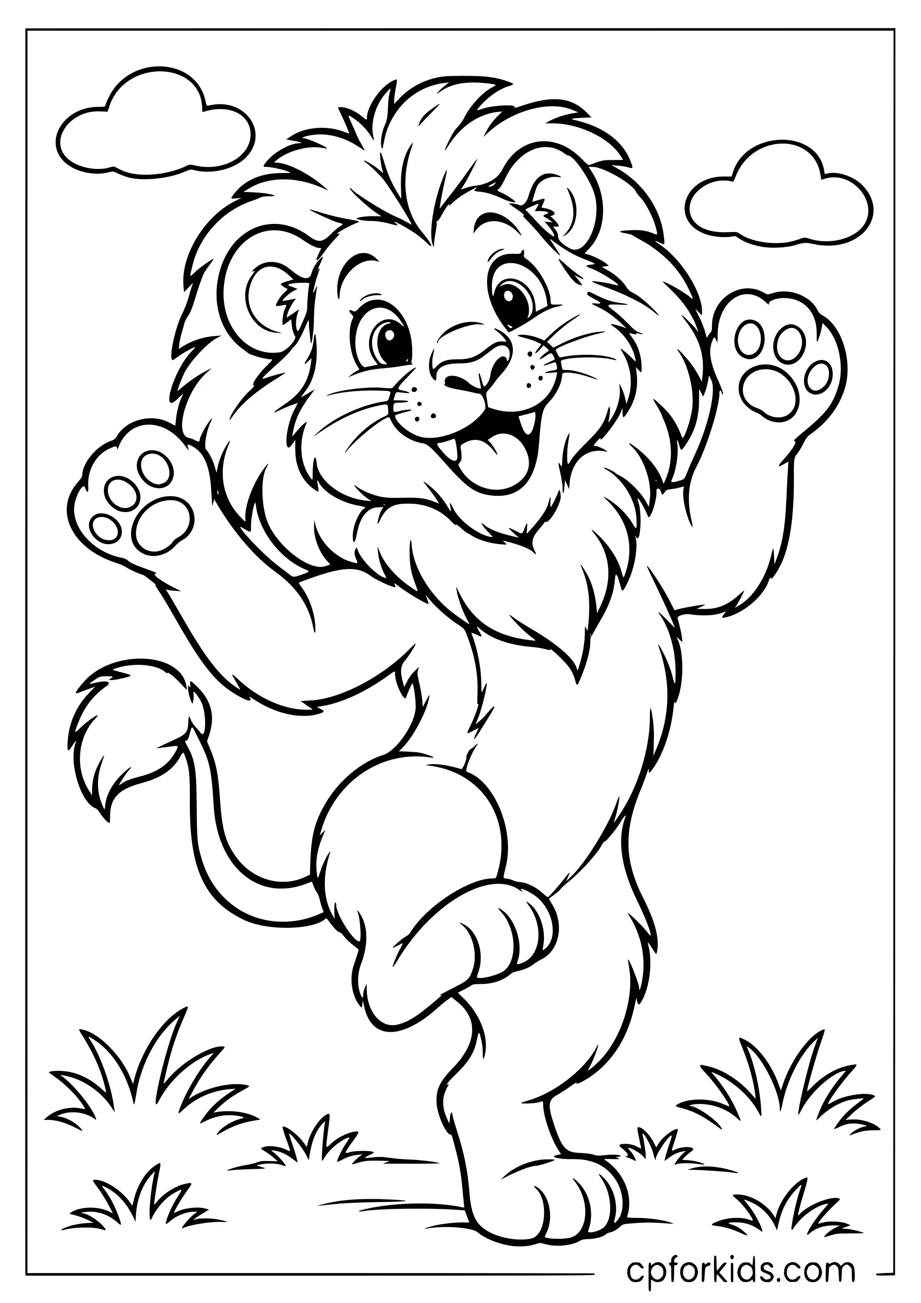 Cartoon lion dancing upright on its hind legs