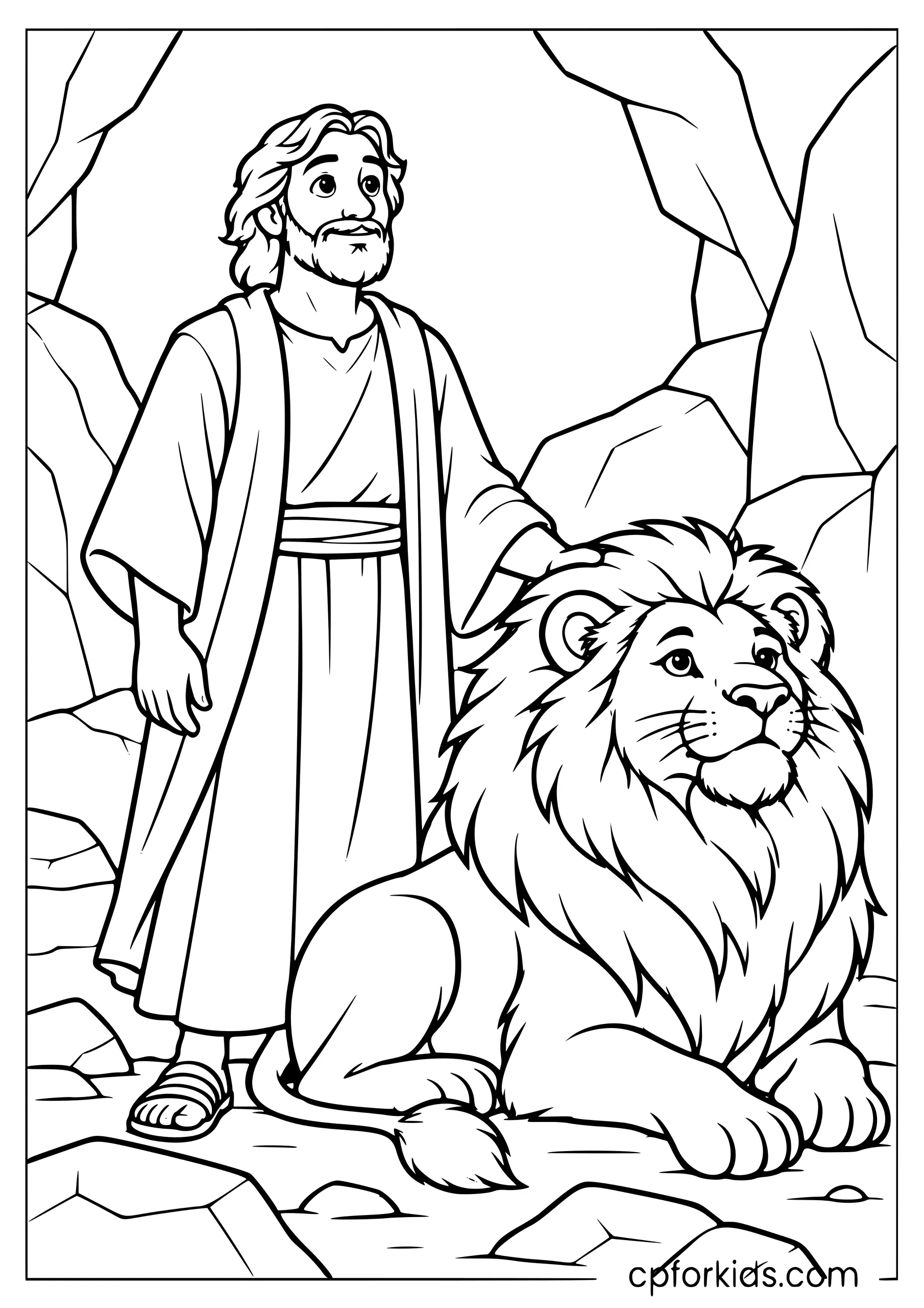 Robed man standing beside a lion