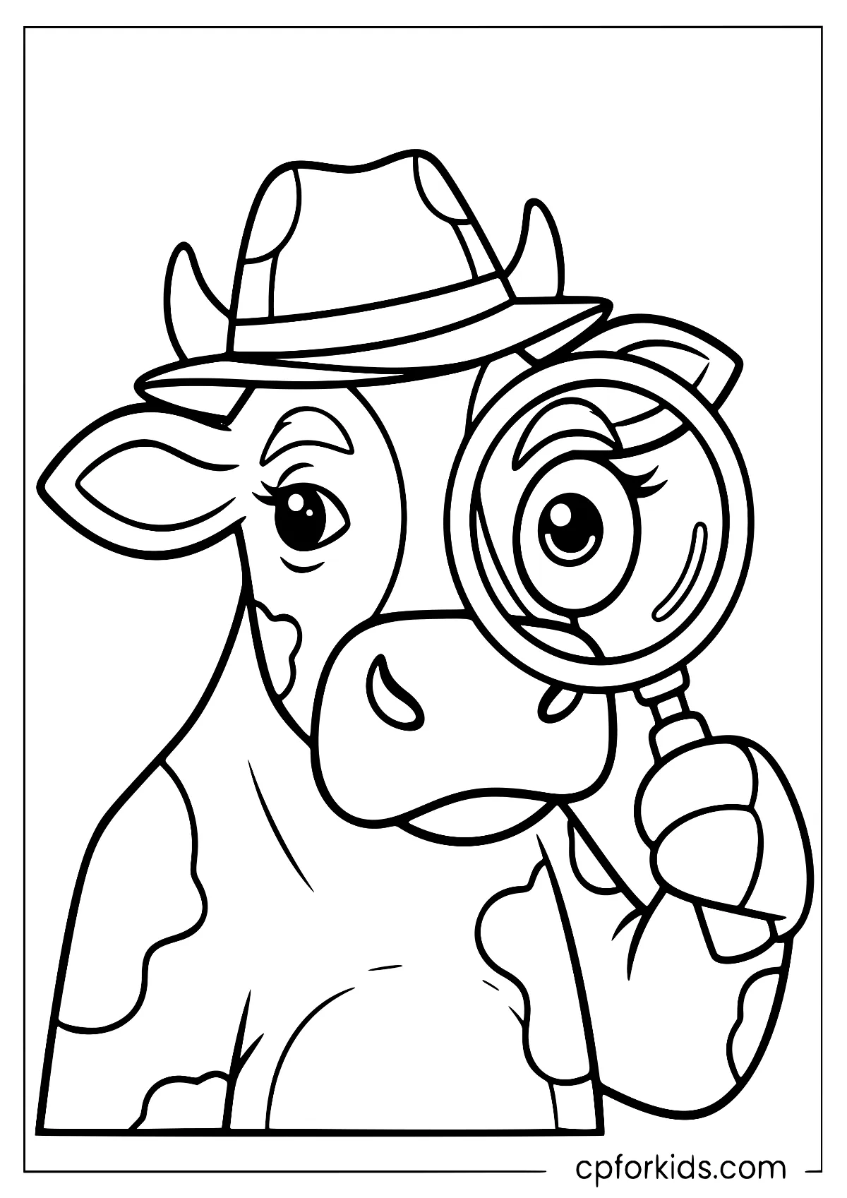 Detective cow holding a magnifying glass