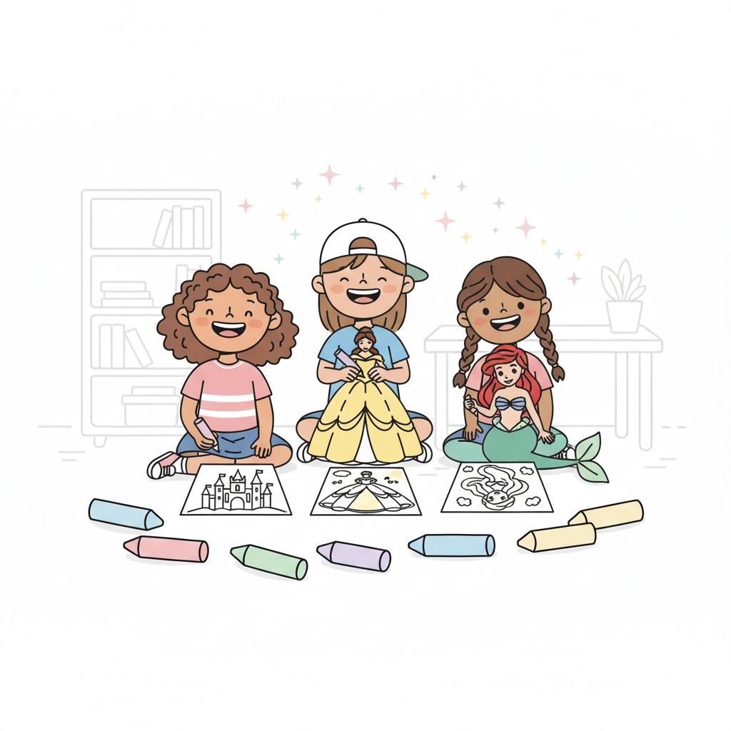 A little girl coloring a whimsical castle and a princess dress, illustrating our printable Disney princess-inspired pages for kids.