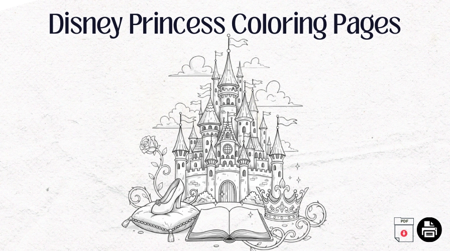 Royalty-free disney princess coloring pages cover image designed in a cartoon style with a big castle background.