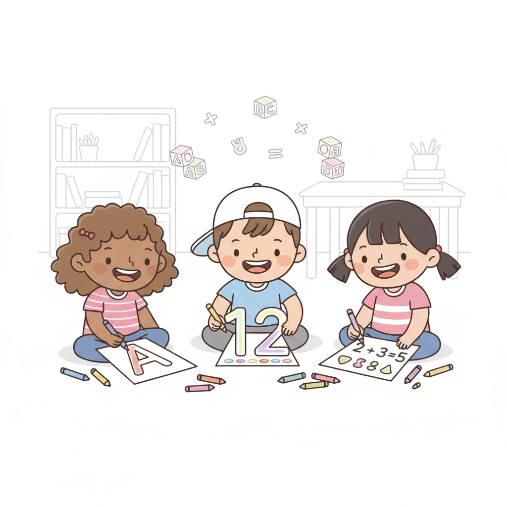 A child coloring a drawing of the alphabet, symbolizing our free educational coloring activities for preschool and kindergarten.