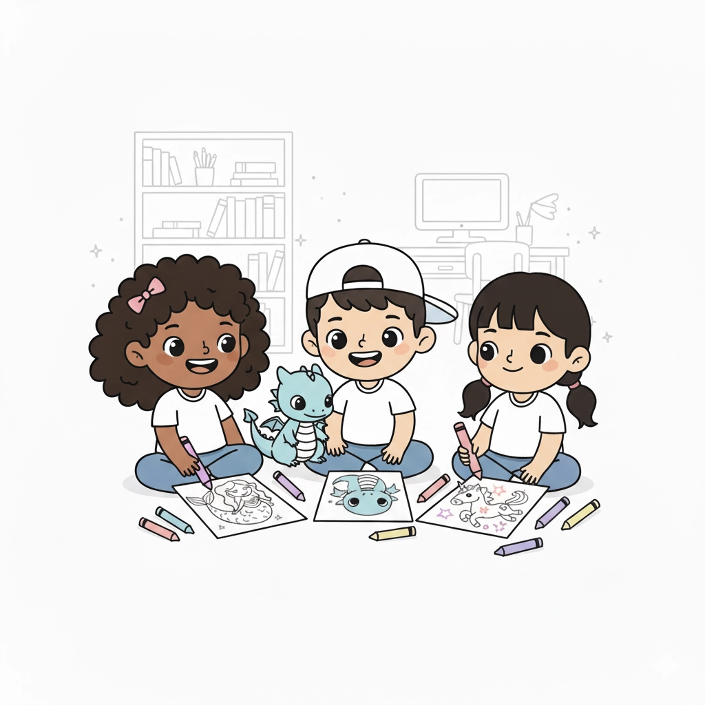 An illustration of a child coloring a unicorn and a dragon, showcasing our magical fantasy and mythical creature coloring pages.