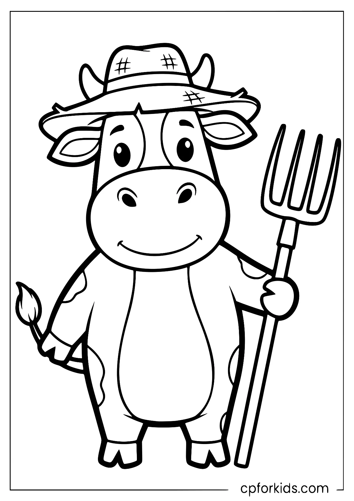 Cow dressed as a farmer holding a pitchfork