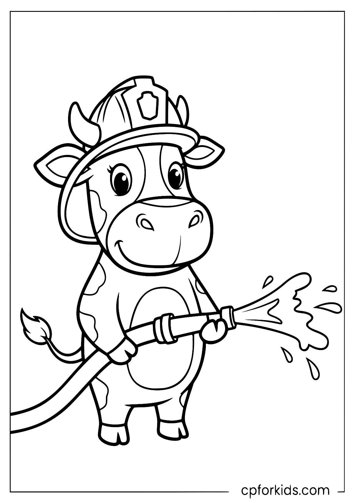 Firefighter cow holding a hose