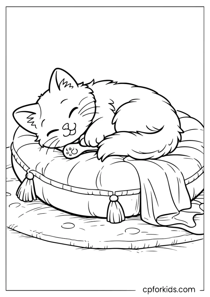 Fluffy cat curled up on a round cushion coloring page