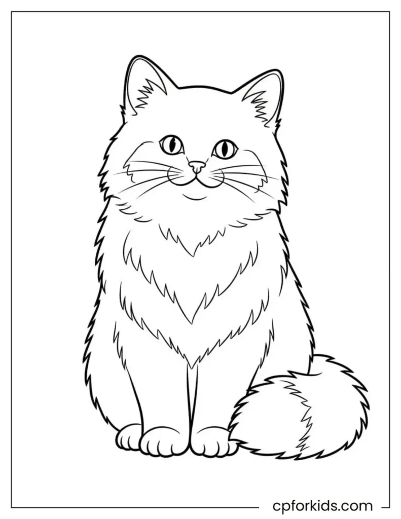 Printable fluffy cat coloring page.
