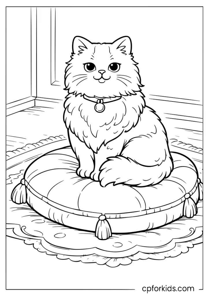 Persian cat sitting on an ornate pillow coloring page
