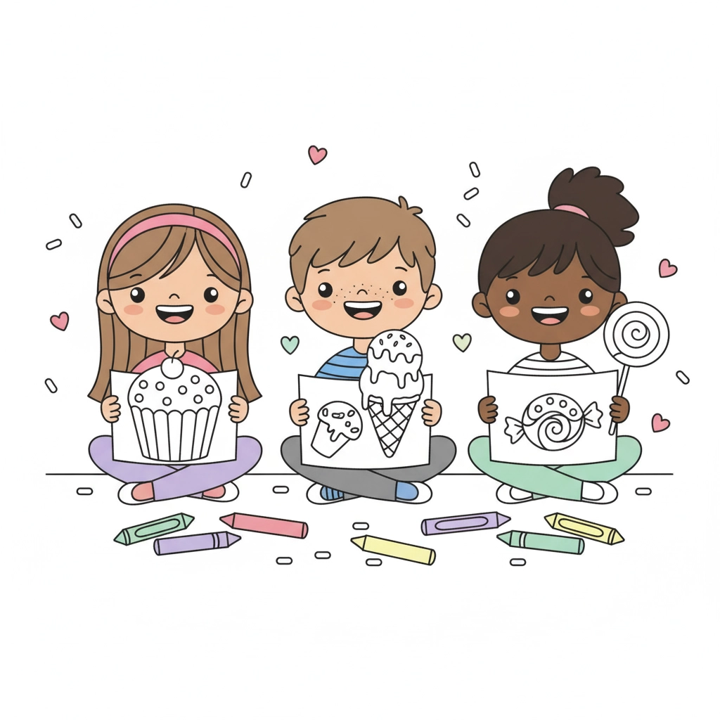 A child happily coloring a drawing of a cupcake and an ice cream cone, representing our fun food and candy-themed printable pages.