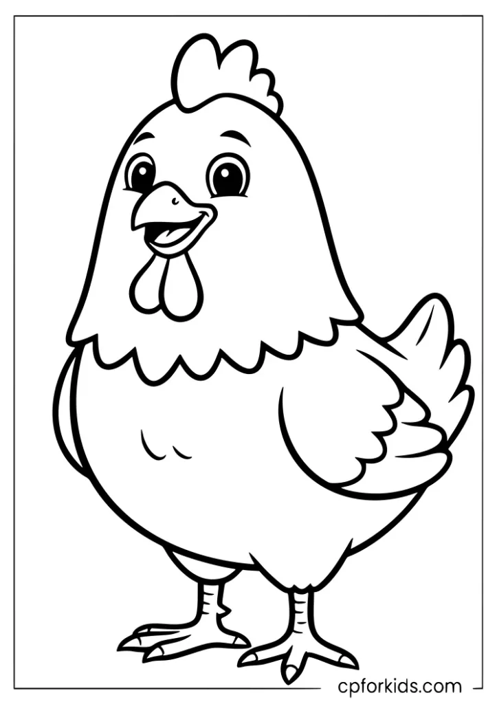 Cute cartoon chicken coloring page with bold outlines