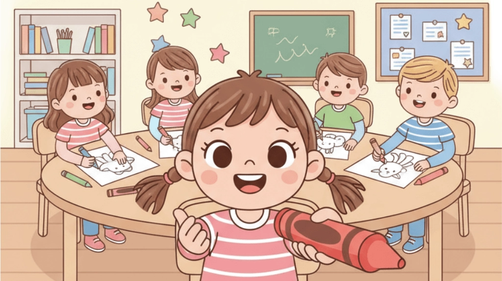 Four children enjoying fun and educational activities with crayons and printable coloring pages for classroom and home.