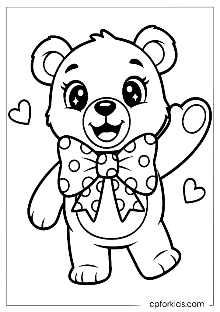A bear coloring page for girls with easy-to-color hearts around it wearing a bow tie.