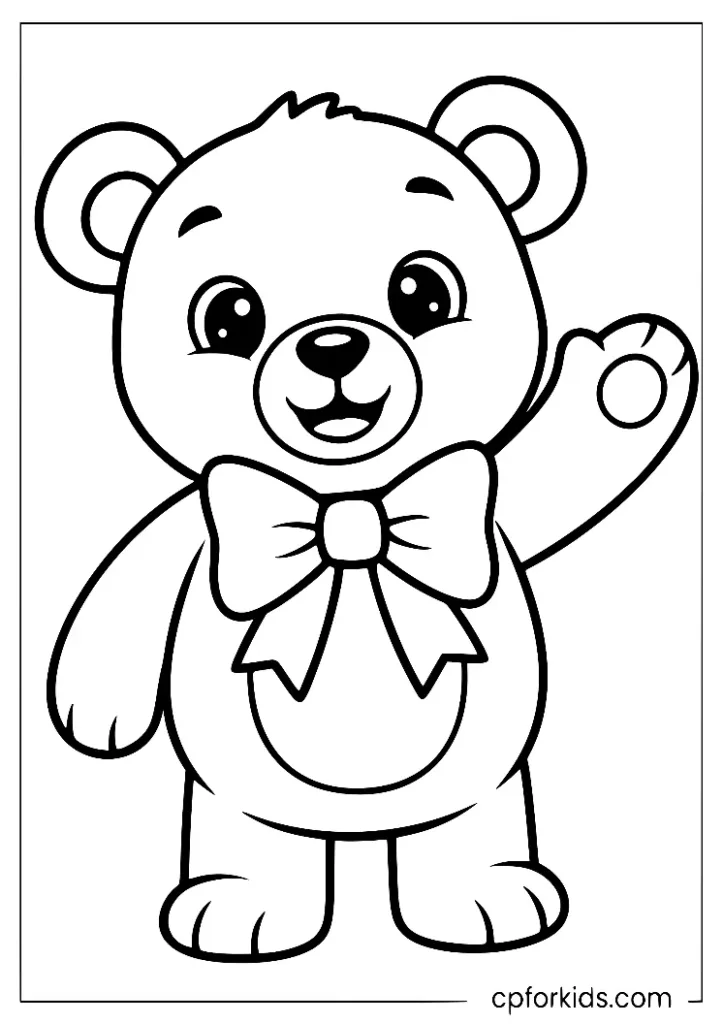 Adorable teddy bear waving, free printable for children's coloring books.