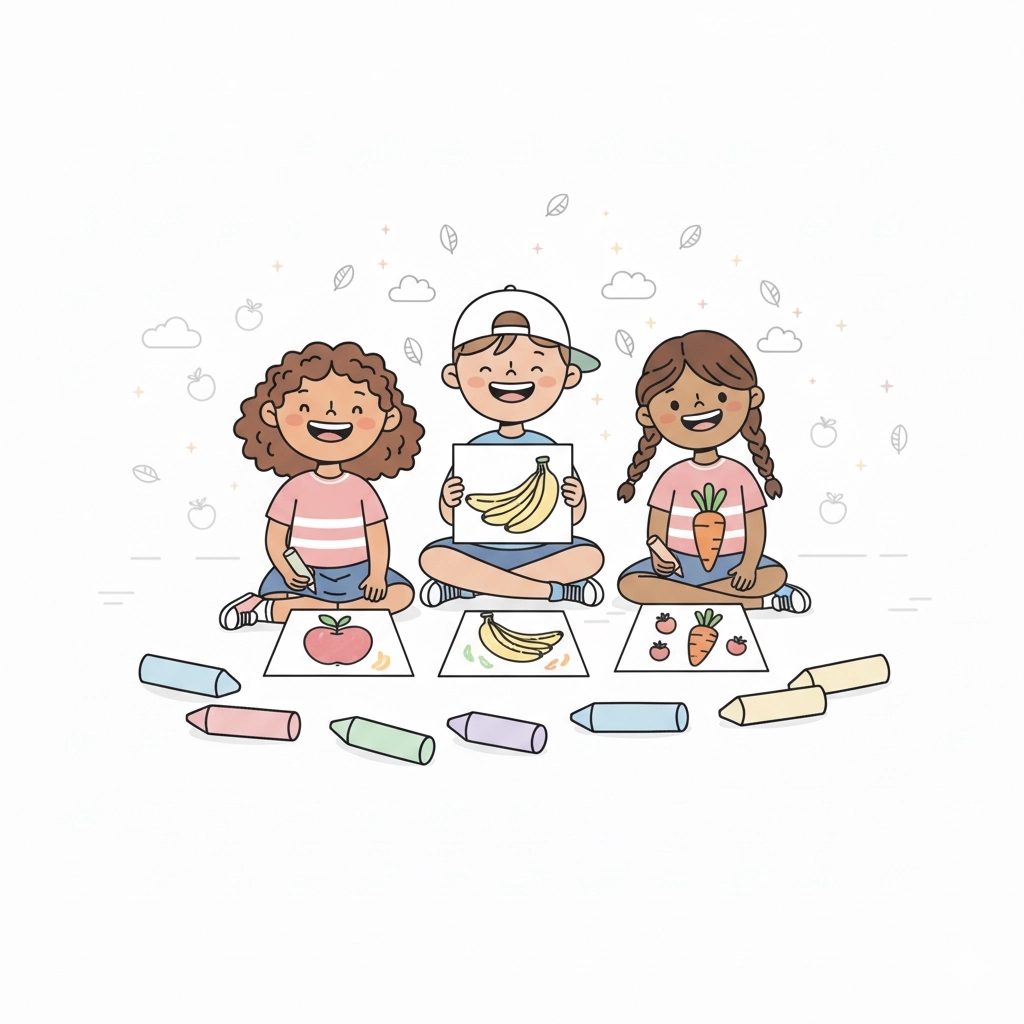 A kid coloring a drawing of an apple and a carrot, representing our simple and fun printable fruits and vegetables coloring pages.