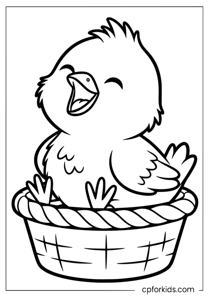 Cute baby chick in a basket coloring page for kids