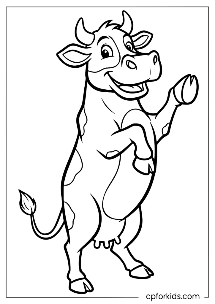 A coloring page of a big smiling faced funny cartoon cow for children.
