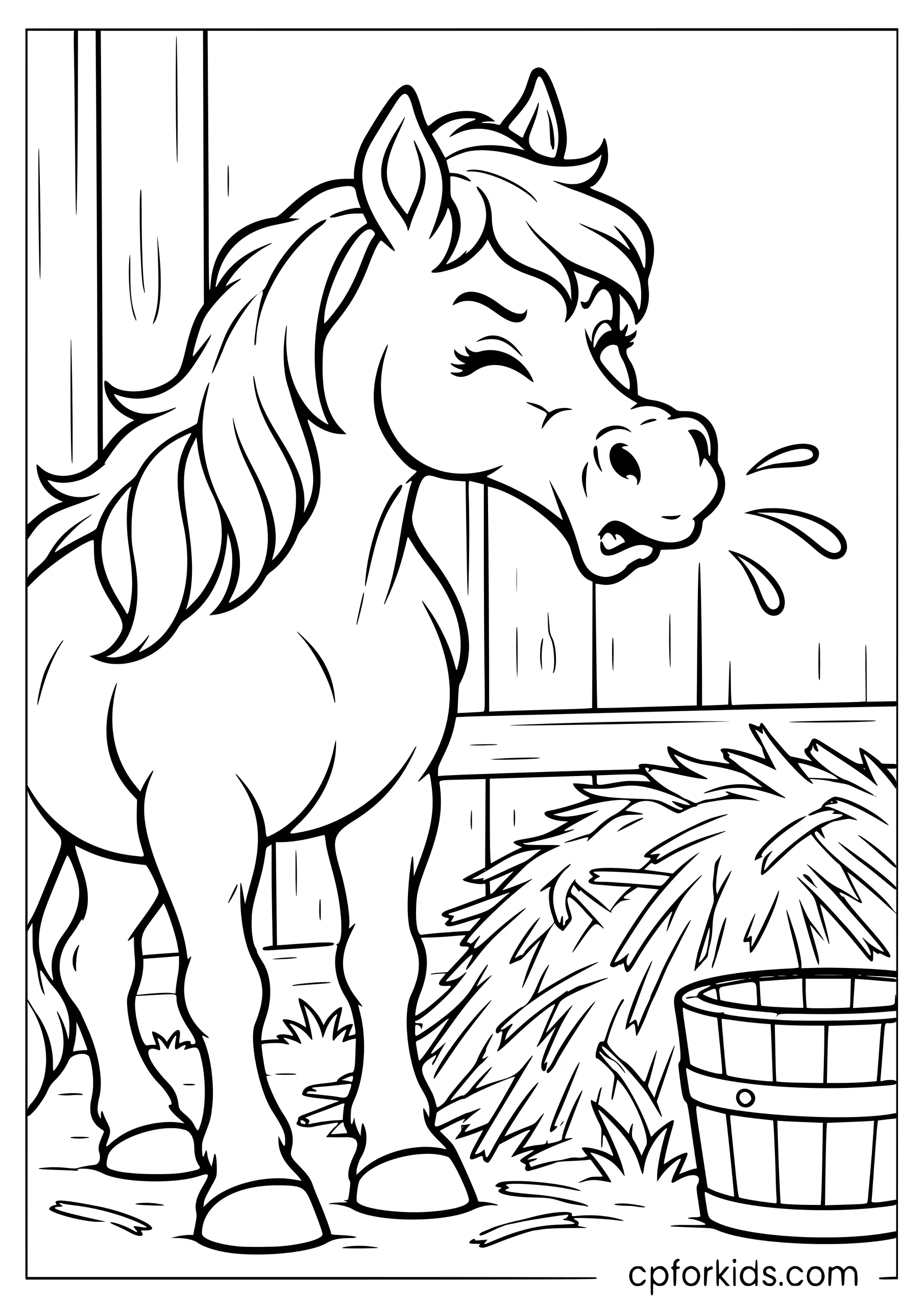 Funny horse sneezing beside loose hay bundle