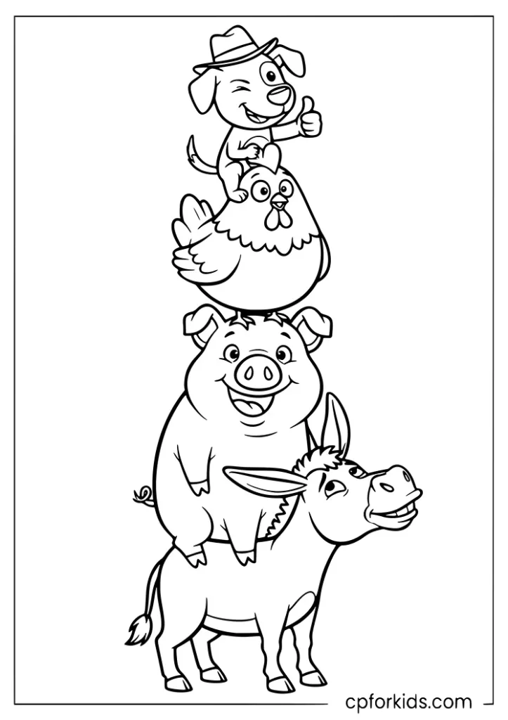 Farm animals stack with donkey, pig, and chicken coloring page