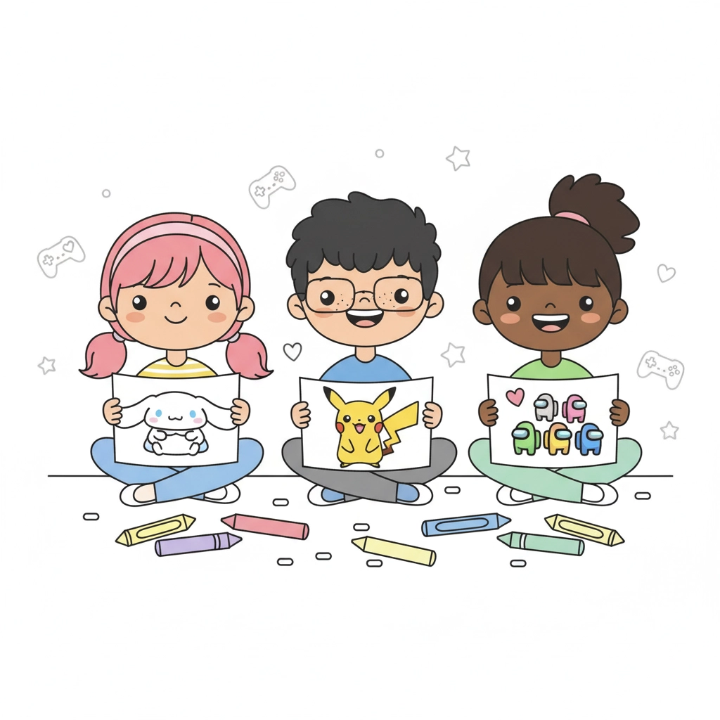 A cartoon image of a child coloring a drawing of a soccer ball and a video game controller, highlighting our pages for games and fun activities.