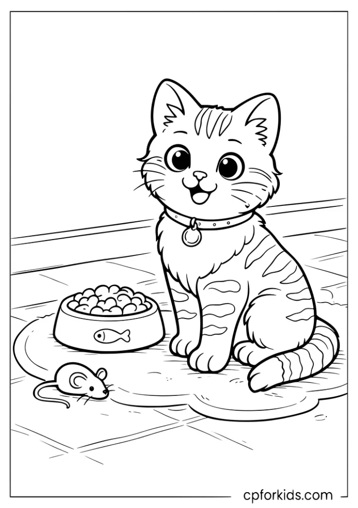 Ginger tabby cat sitting beside a bowl and toy mouse coloring page