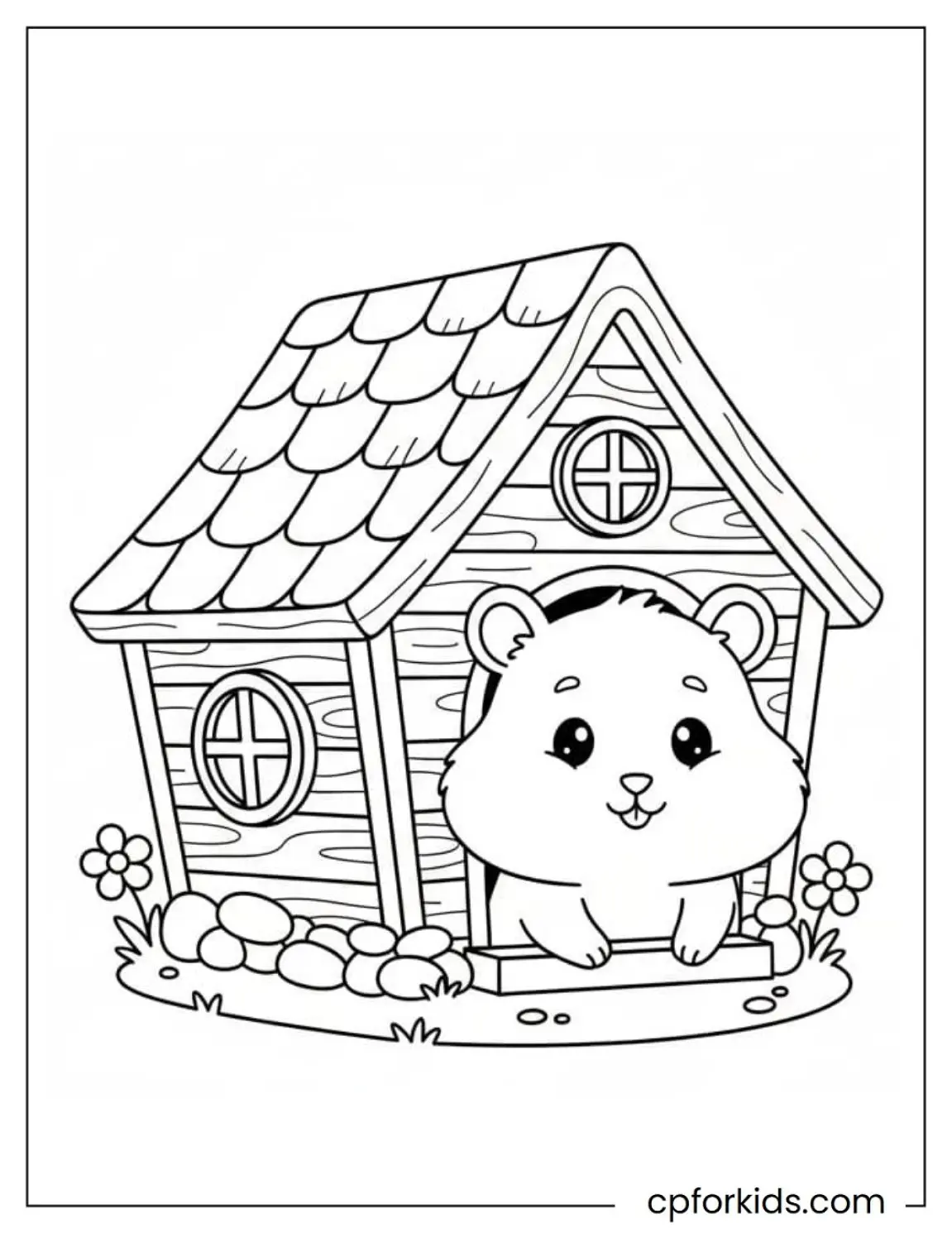 Hamster looking through a small house window