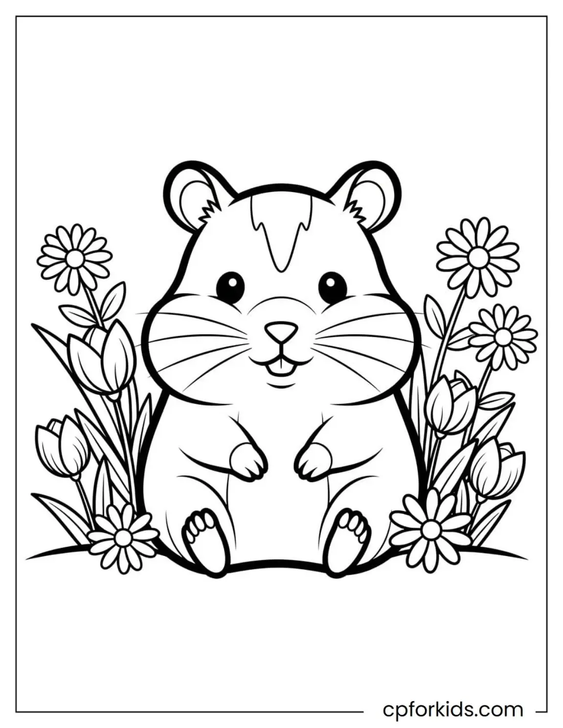 Hamster sitting among five broad spring flowers