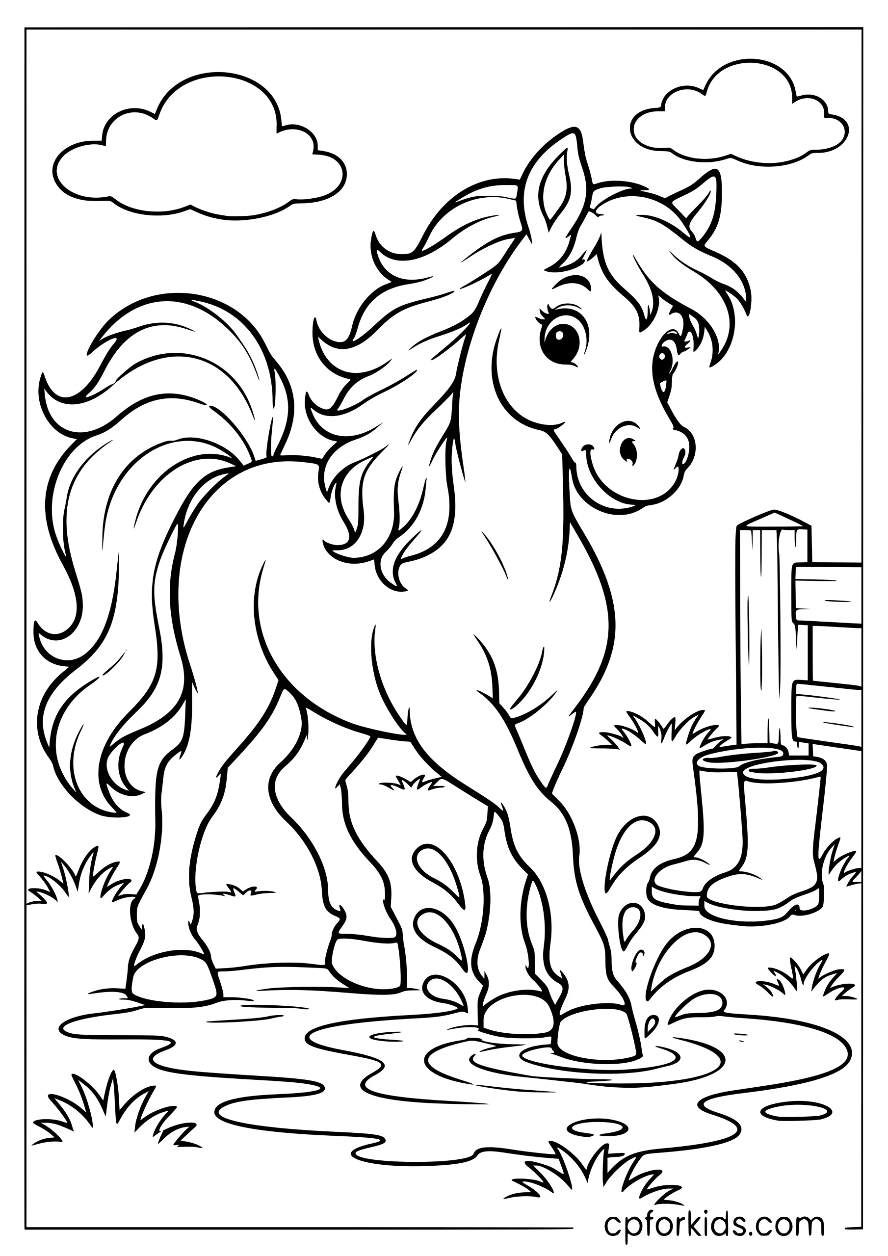 Playful horse stepping through shallow farm puddle