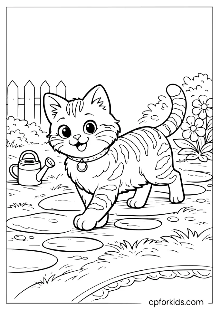 Tabby cat walking along a backyard path coloring page.