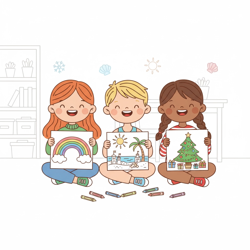A kid coloring a festive drawing of a Christmas tree and a pumpkin, illustrating our free holiday and seasonal coloring printables.