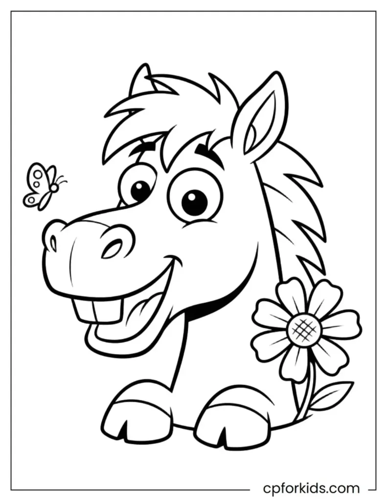 A simple, cartoon-style horse portrait drawing with butterfly and flower details.