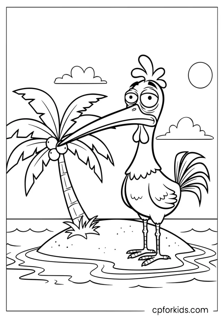 Funny chicken on a tropical island adventure coloring page
