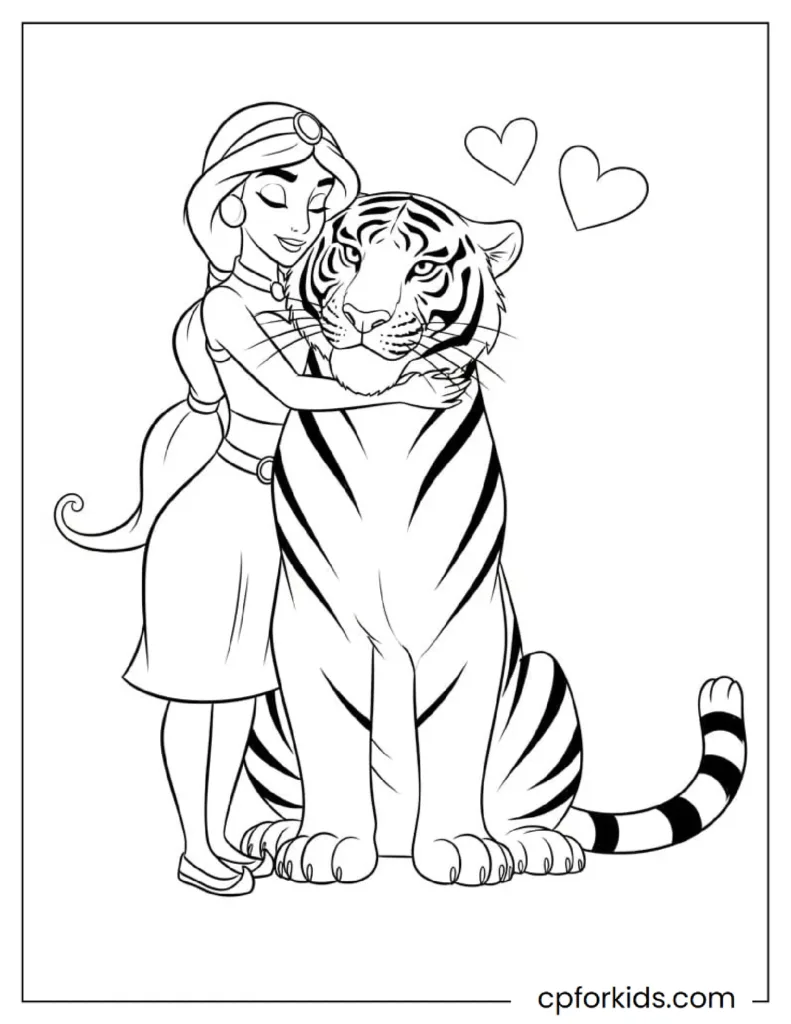 A coloring page of the dashing Tiger Rajah and the Beautiful princess Jasmine together in love.