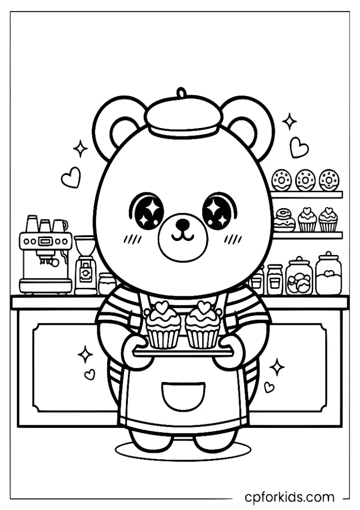 Kawaii bear barista with treats, cute cafe vibe for coloring.