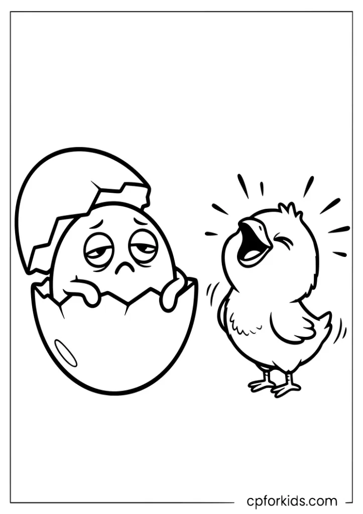 Funny baby chick in an eggshell coloring page