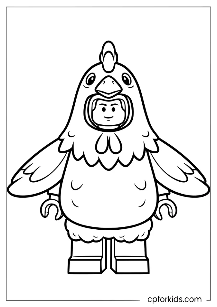 LEGO style figure in a chicken costume coloring page