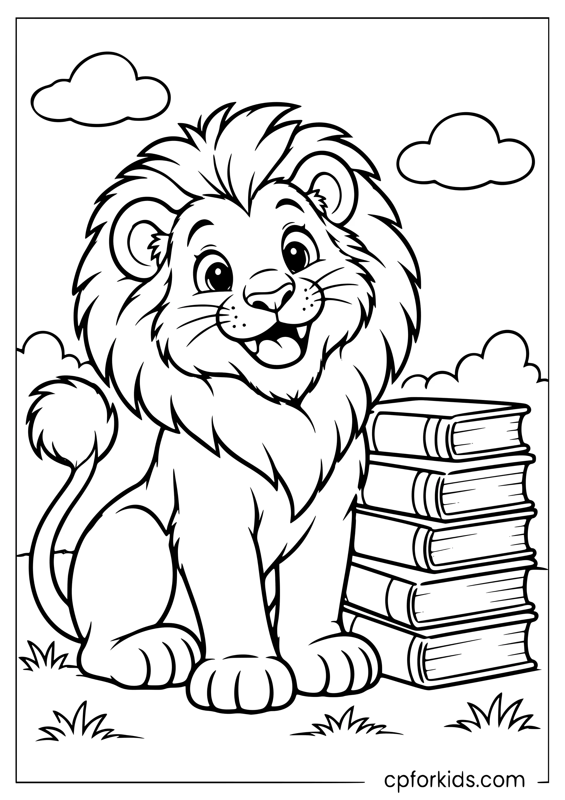 Lion sitting beside a stack of books