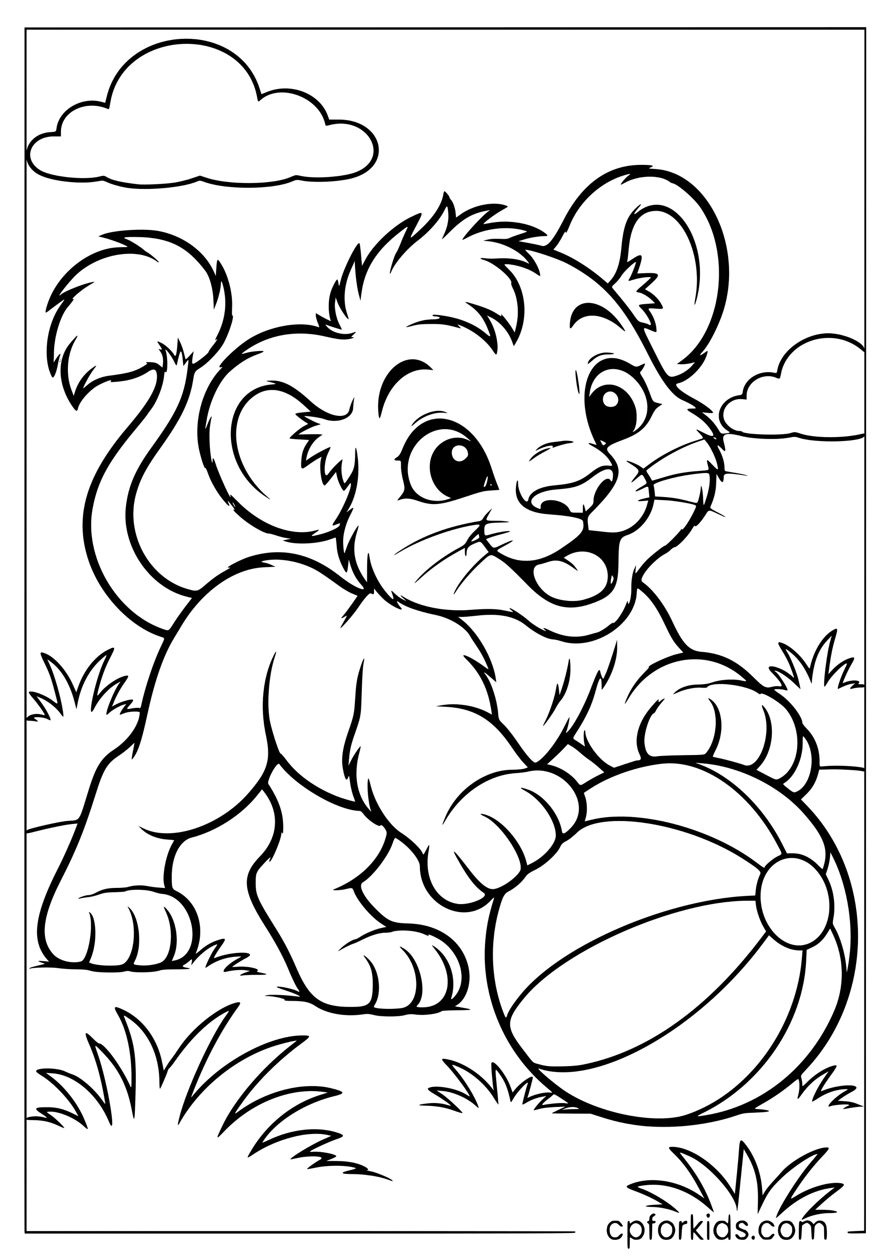 Lion cub playing with a round ball