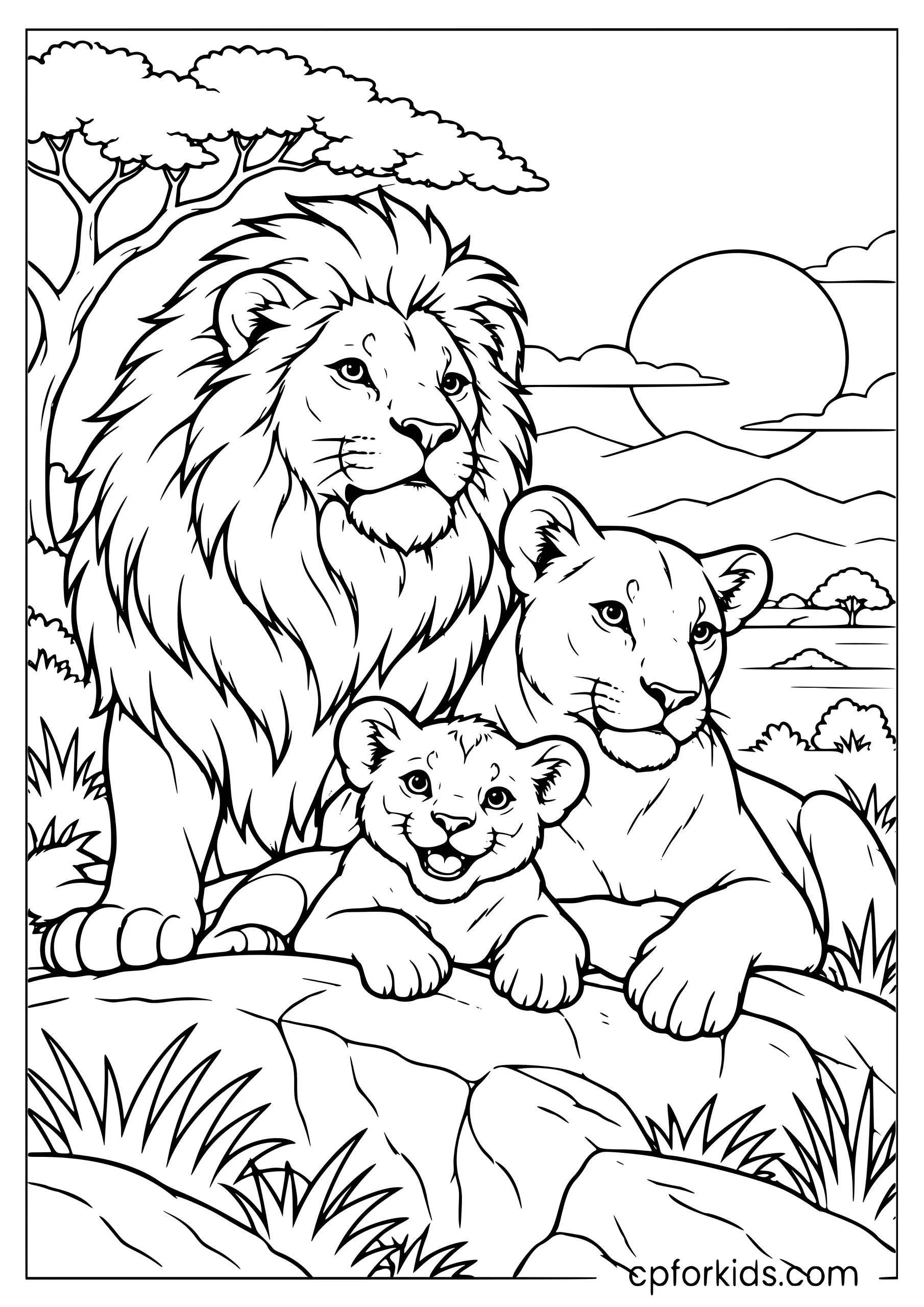 Male lion, lioness, and cub together