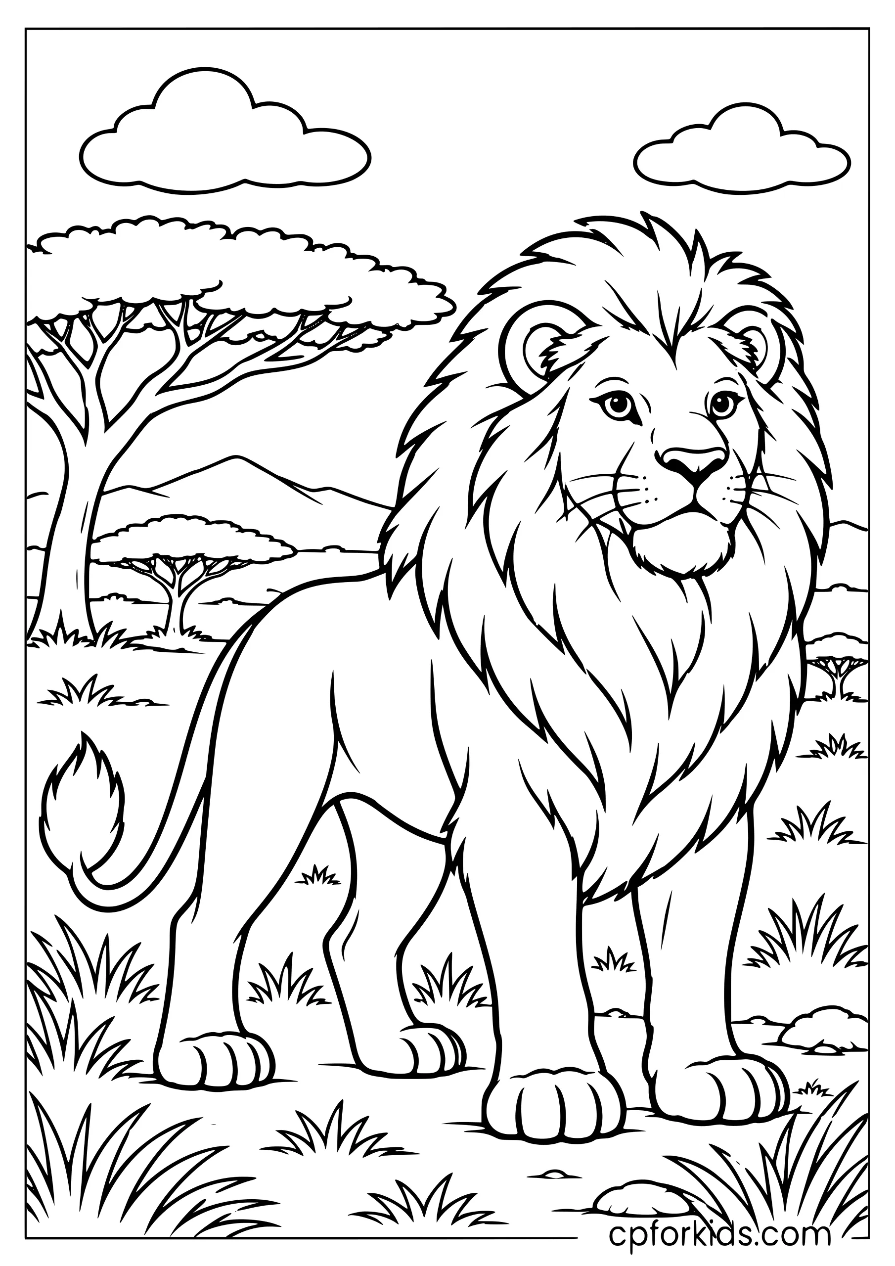 Lion standing in an open savanna landscape