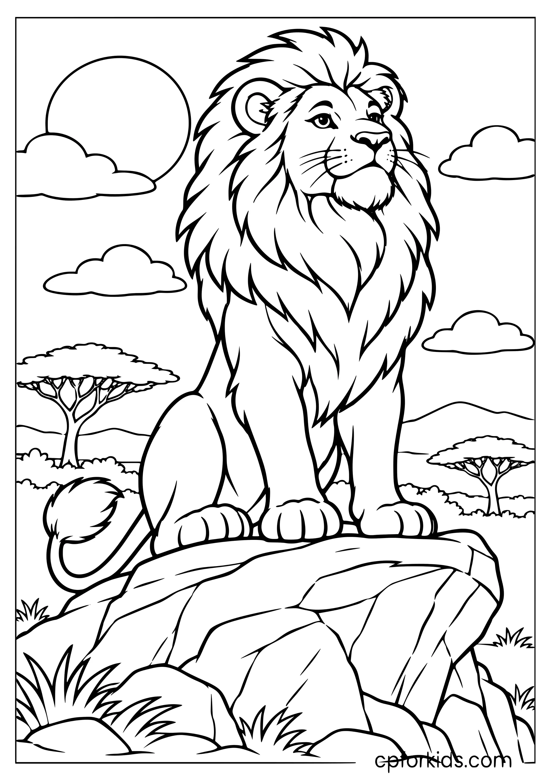 Maned lion sitting on a rock throne
