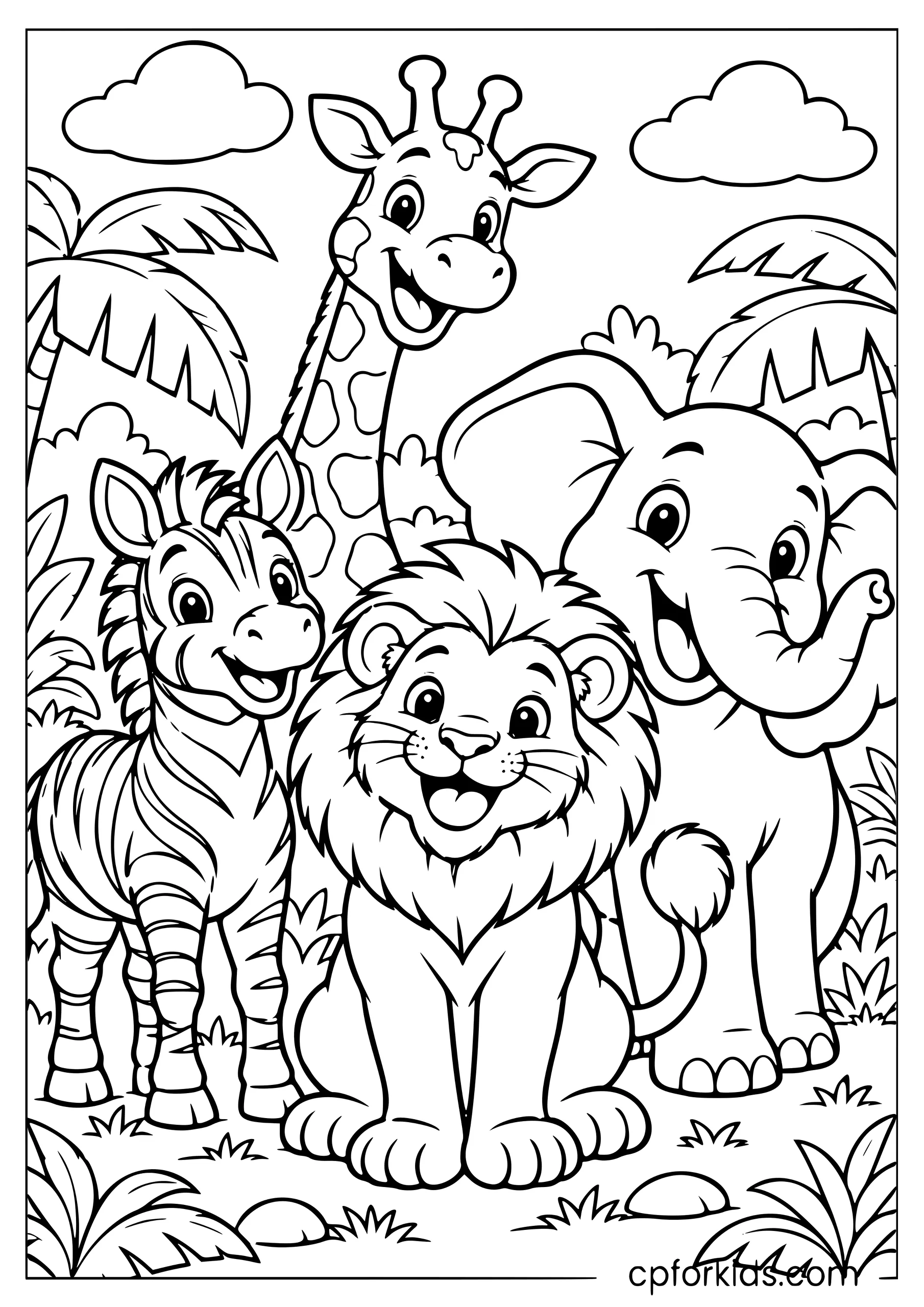 Lion with zebras, giraffes, and elephants