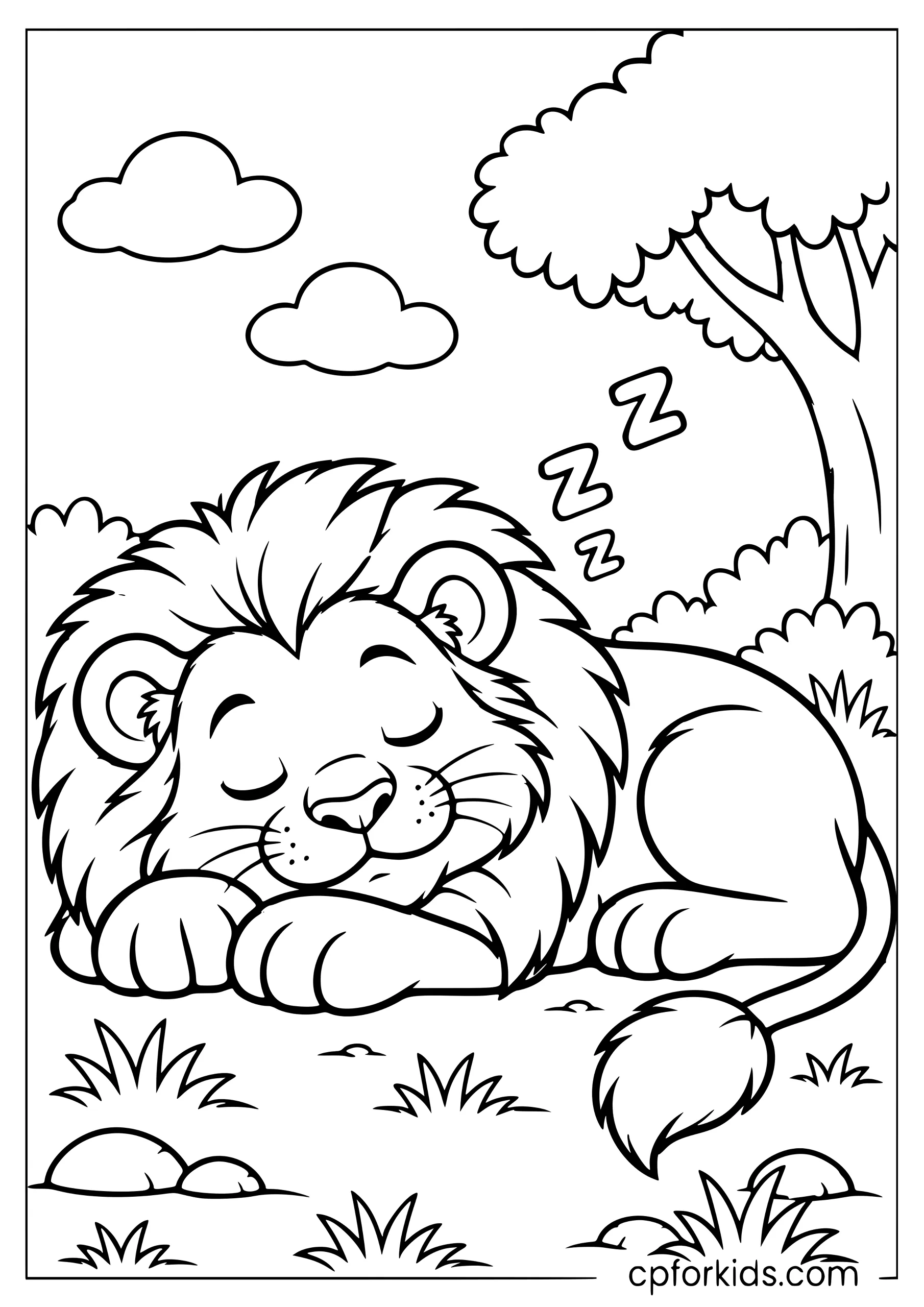 Lion lying down with its eyes closed