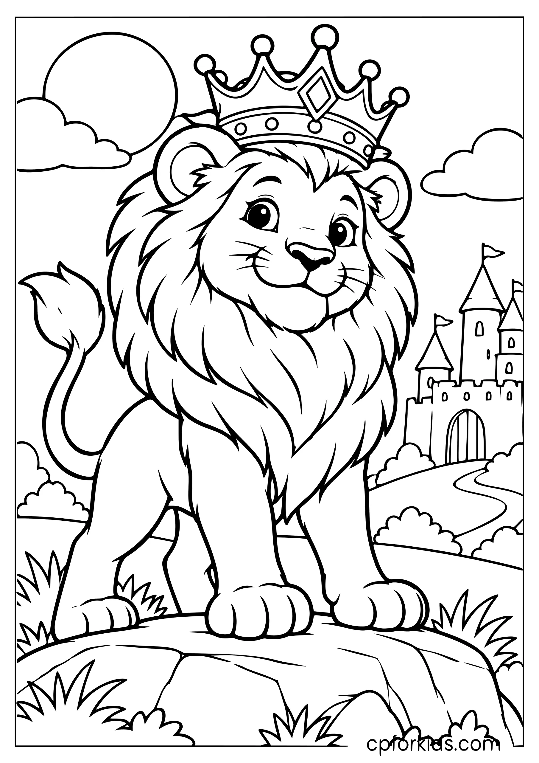 Proud lion wearing a large royal crown