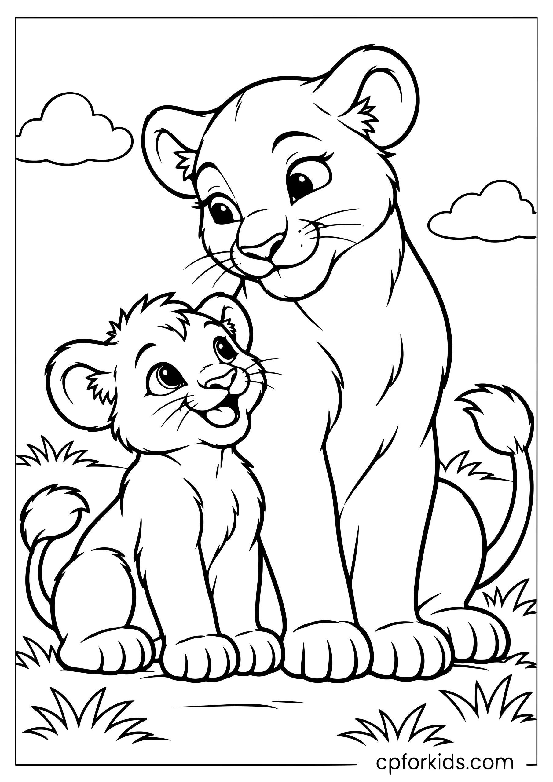 Lioness sitting closely beside her young cub