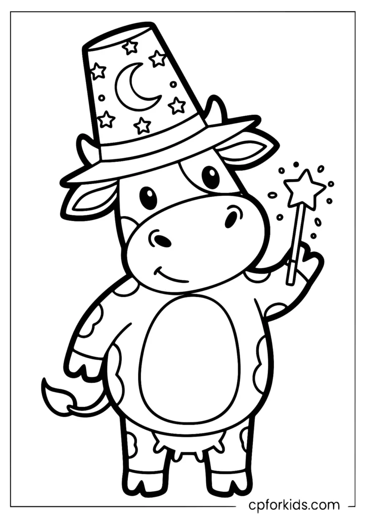 Coloring book of funny cow with magician hat and wand ready for the show.
