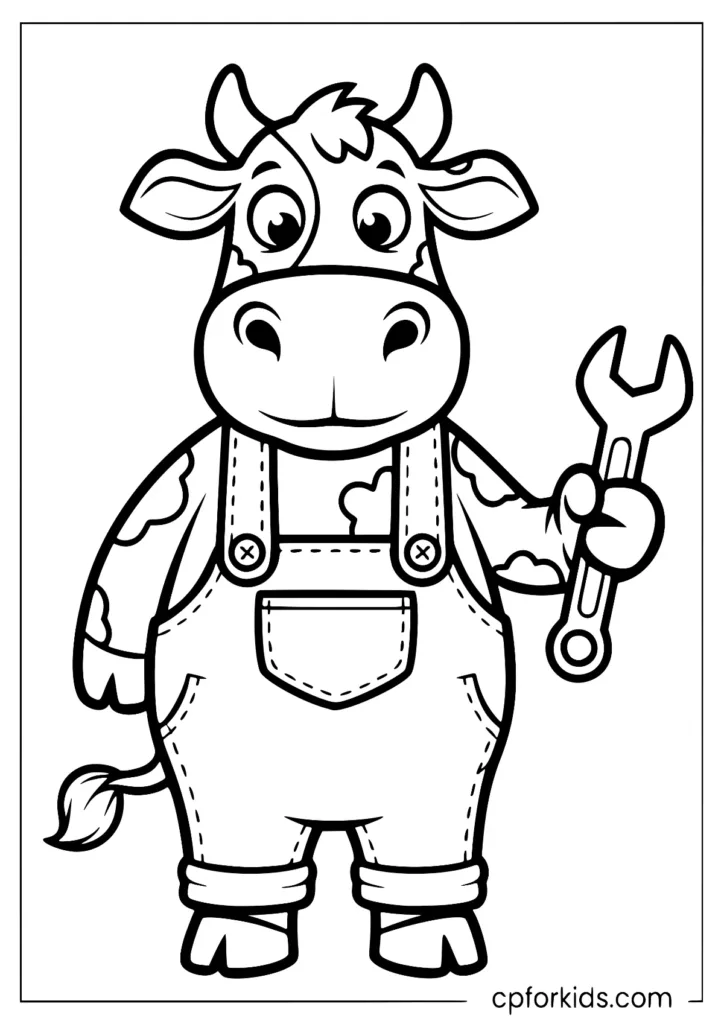 Coloring page of an industrial cow wearing a mechanic's overalls and holding a wrench in one hand.