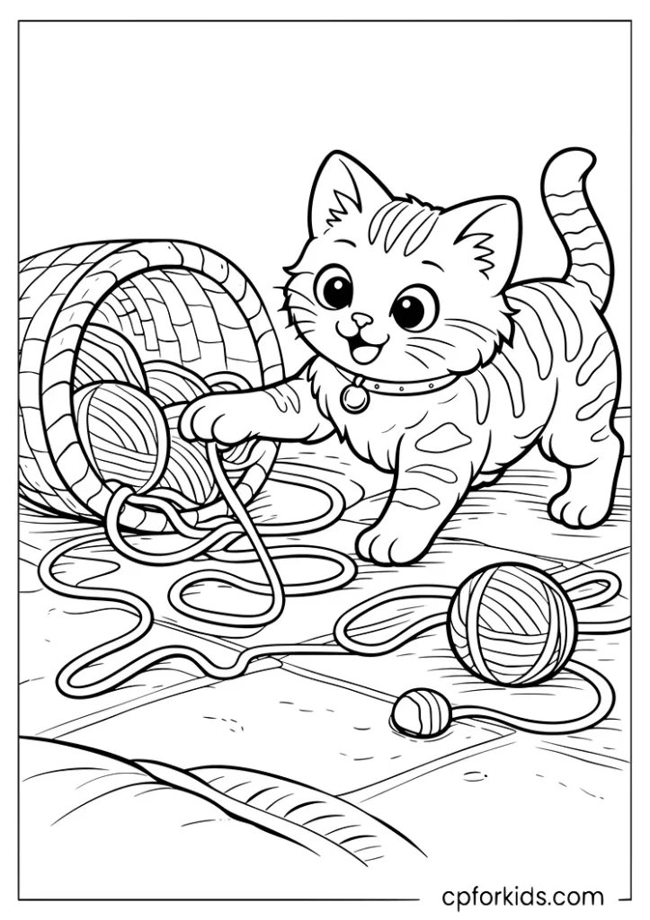 Mischievous kitten pulling yarn from a tipped basket coloring page